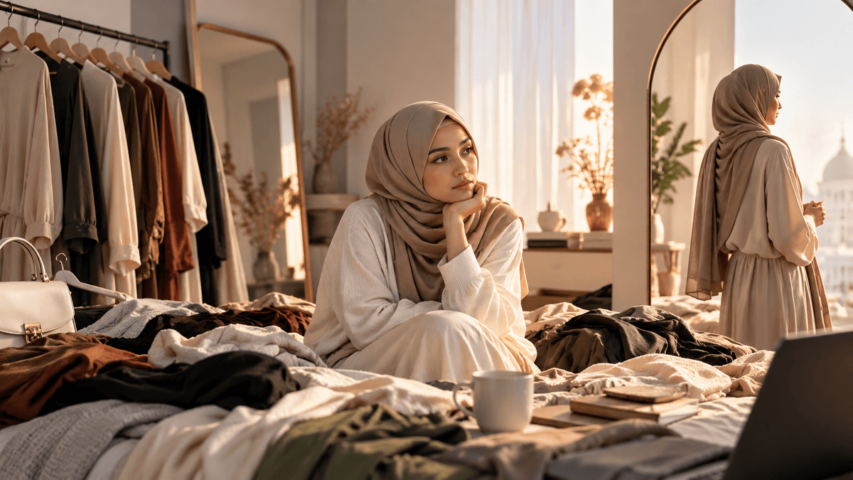 A woman wearing a hijab seated in morning light among clothes, contemplating modest outfit decisions