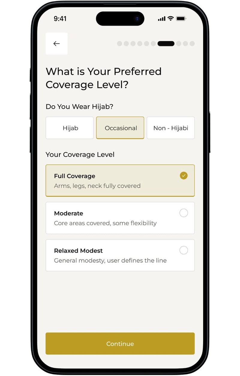 ALIFF onboarding screen asking your preferred coverage level and hijab preference