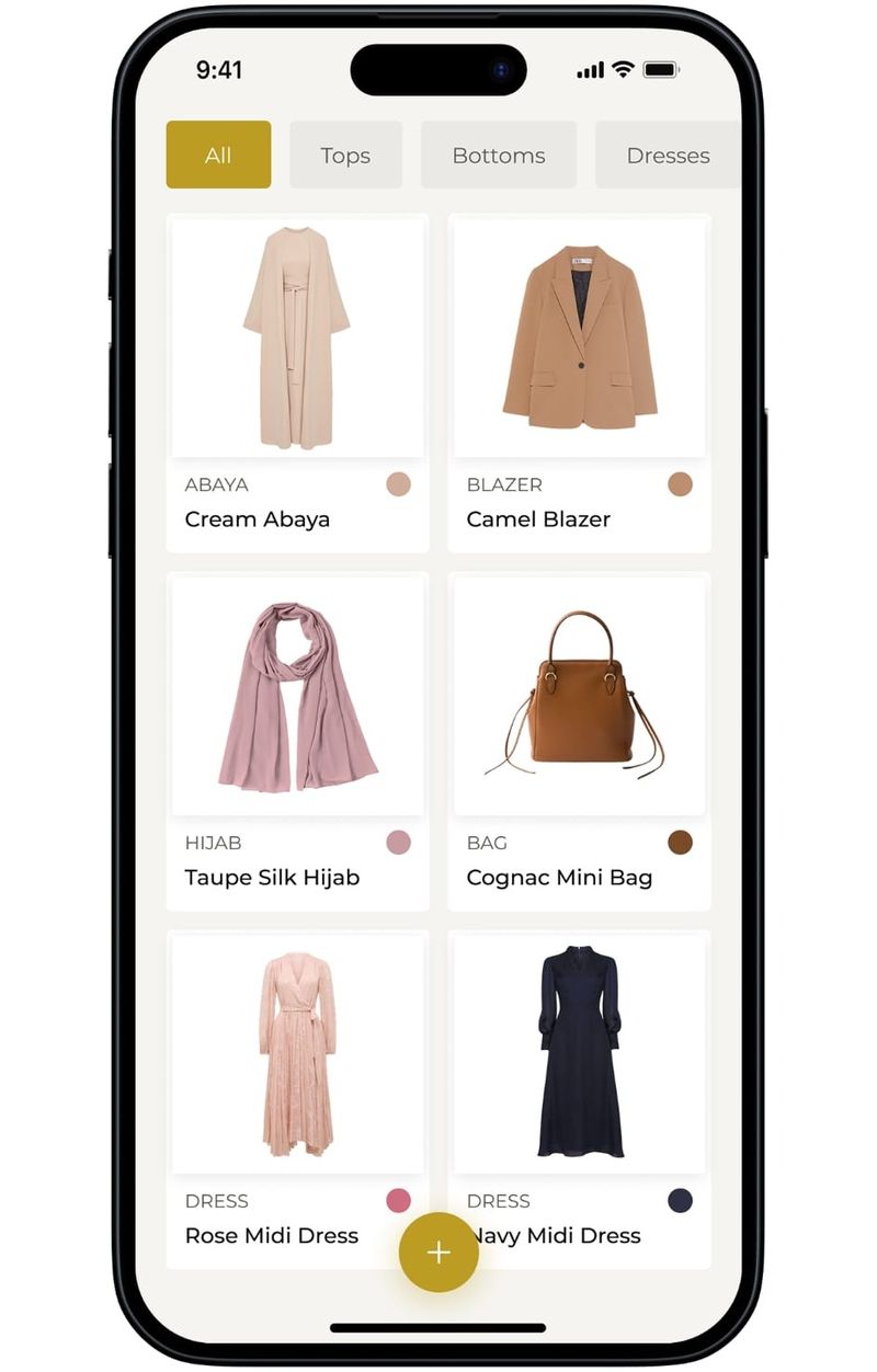 ALIFF digital closet grid showing abaya, blazer, hijab, bag, and dresses